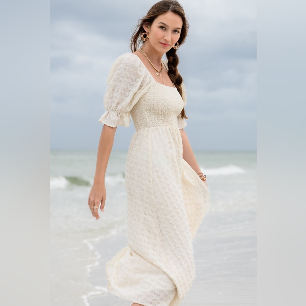 Altar'd State Cream Midi Smocked Puff-Sleeve Dress